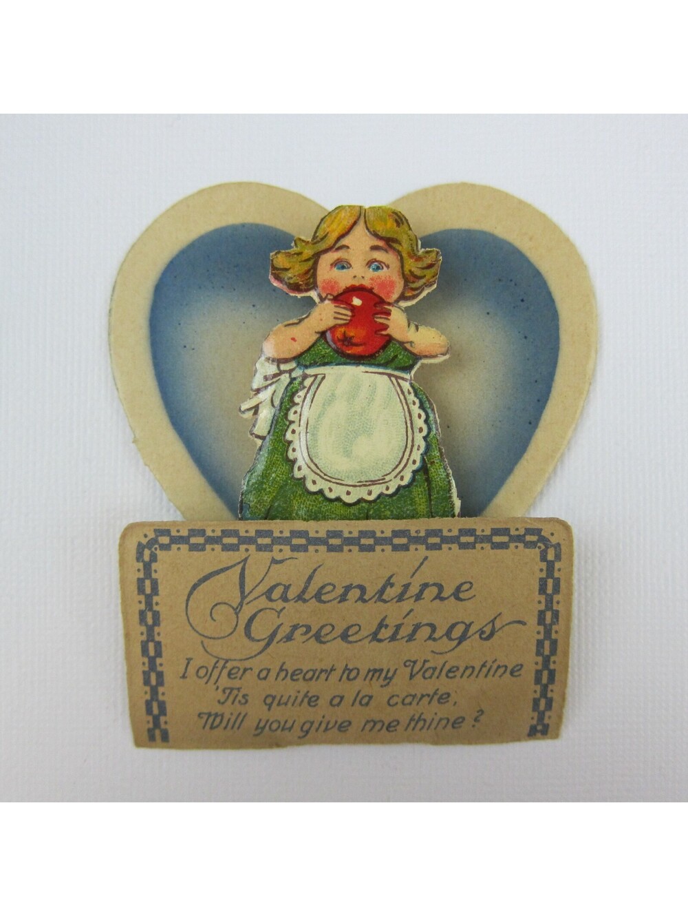 Vintage Valentine 3D Pop Up Die Cut Blonde Girl Green Dress Apron Apple UNSIGNED